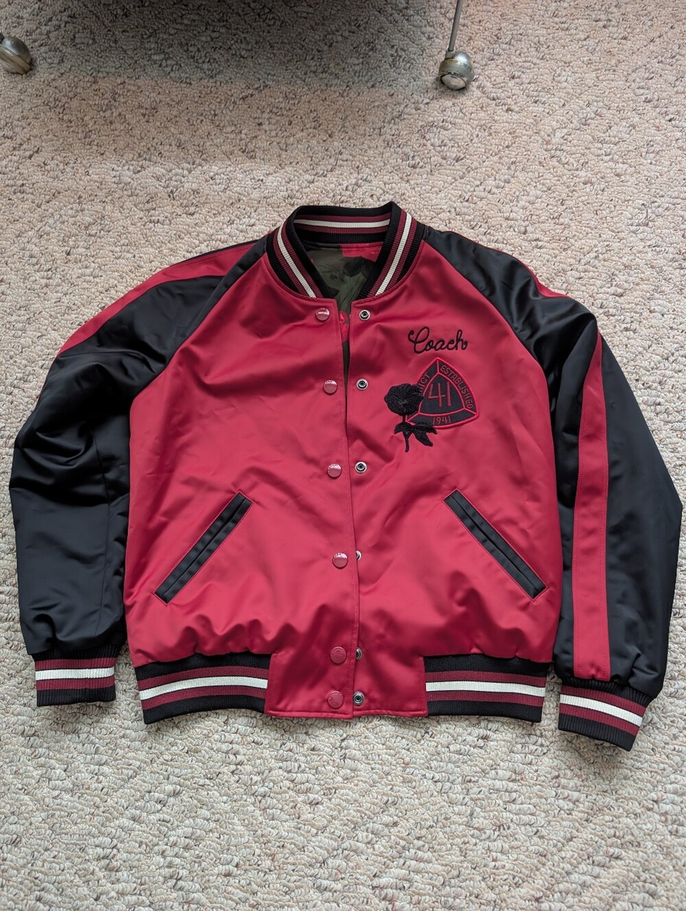 Coach Red Black Floral Reversible Silky Satin Bomber Varsity Jacket Colorblock